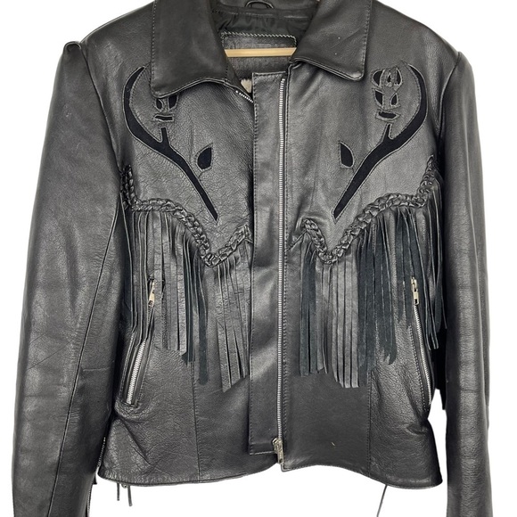 VINTAGE ALCATRAZ BLACK LEATHER FRINGE BRAIDED CONCHO ZIP ROCKSTAR LEATHER JACKET - Picture 7 of 17